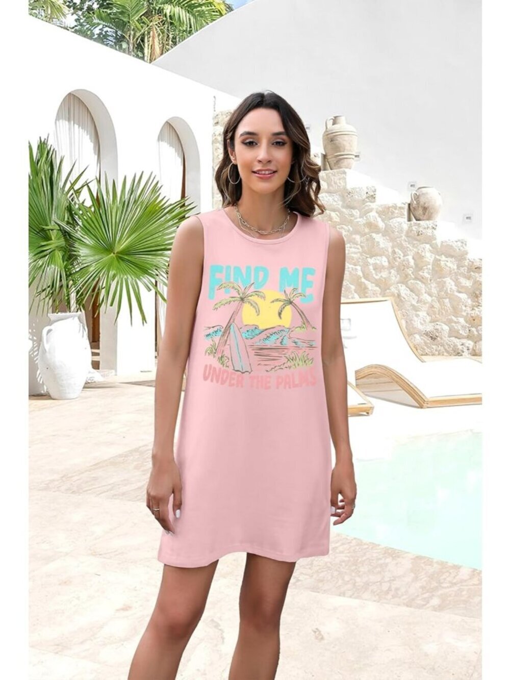 Women's Pink Stylish Sleeveless Beach Vacation Sundress Short Tank Mini Dress - Picture 4 of 5